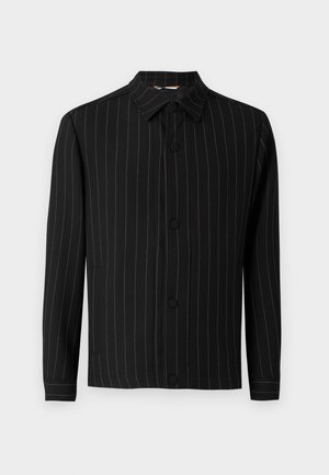 Black jacket with vertical pinstripes in dark red, featuring a collar, button closure, and long sleeves. Made from a smooth fabric.