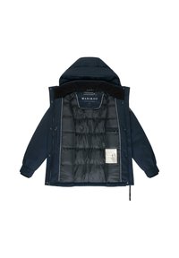 Marinekleurige pufferjack met een afneembare capuchon, gevoerde binnenkant, elastische manchetten en zijzakken; bevat een label aan de binnenkant links.