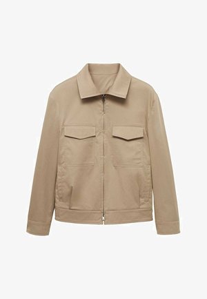 Svetlo bež jakna iz mešanice bombaža, z ovratnikom, sprednjim zadrga in dvema prsnih žepoma s pokrovčkom.