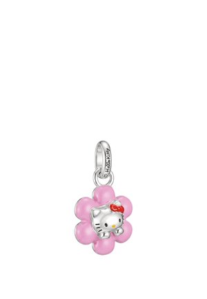 Charm en argent avec une fleur rose et une tête Hello Kitty en argent portant un nœud rouge, suspendu à une petite boucle gravée Hello Kitty.