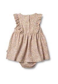 Ärmelloses beiges Baby-Kleid mit lila und braunem Blumenmuster, gerafften Schultern, Knöpfen auf der Rückseite und passenden, angenähten Windelhöschen.