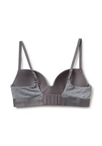 Šedá podprsenka s jemnou texturou, V-krkem, nastavitelnými ramínky a zapínáním na háček a oči, na pásku s logem "BENETTON".