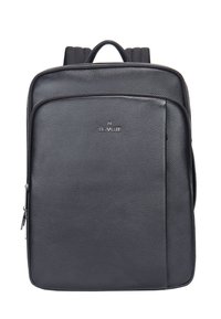 Zwarte leren rugzak met een gestructureerde afwerking, een ritszak aan de voorkant, gewatteerde schouderbanden en een handvat aan de bovenkant voor gemakkelijk dragen.