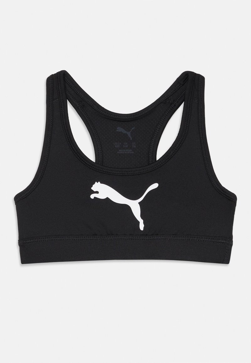 Top desportivo preto com um design de alças cruzadas, feito de um tecido elástico. Apresenta um logo branco da Puma à frente e bordas sem costura.