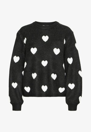 Czarny sweter z białymi wzorami w serca, z okrągłym dekoltem, długimi rękawami oraz ściągaczami w rękawach i u dołu. Miękka, teksturowana dzianina.