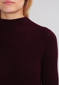 Burgundin raidallinen neulepaita, jossa on korkea kaulus. Valmistettu pehmeästä kankaasta, jossa on pitkät hihat ja näkyvät ompelusaumat saumoissa.