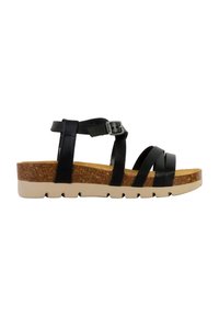 Sandalia de cuero negro con múltiples correas entrelazadas, una hebilla ajustable en el tobillo y una suela de cuña cubierta de corcho con una suela de goma color beige claro.