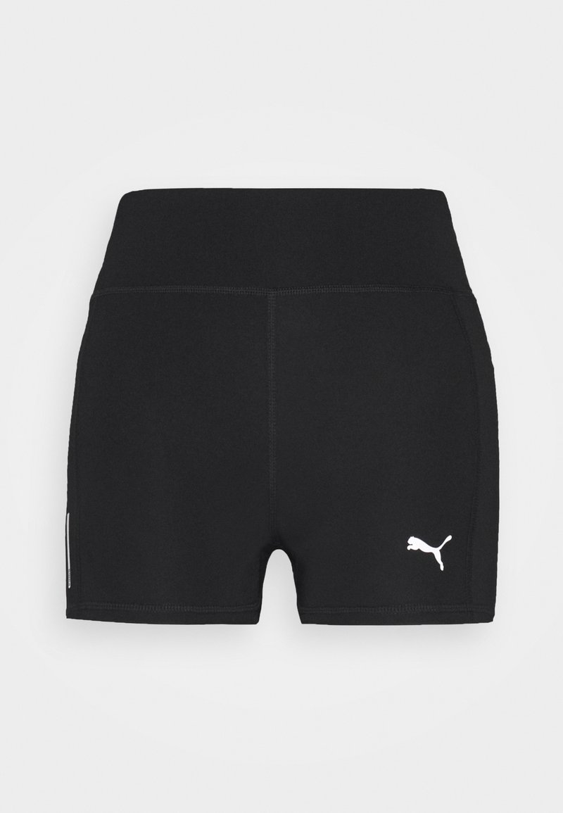Čierne športové šortky vyrobené z elastického materiálu s vysokým pásom. Obsahujú biele logo Puma na pravom dolnom rohu a ploché švy.