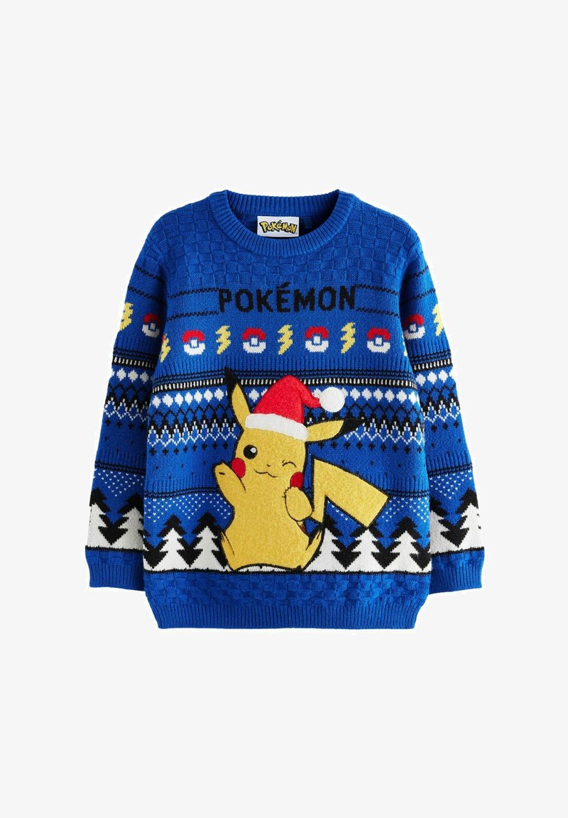 Blauer gestrickter Pullover mit Pikachu, der einen Weihnachtsmann-Hut trägt, geometrischen Mustern und Weihnachtsbäumen in Schwarzweiß.