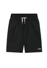 Pantaloni corti neri realizzati in tessuto con una texture liscia, dotati di vita con cordoncino e due tasche frontali. Logo "BOSS" in bianco sull'orlo.