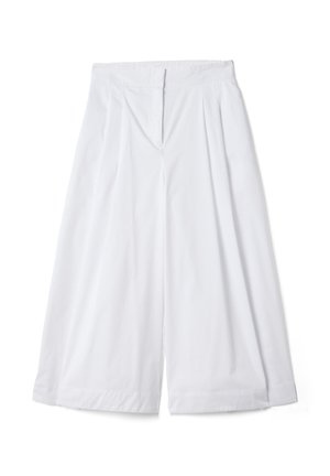 Wide-leg white trousers with high waist and front pleats, featuring a concealed front closure.