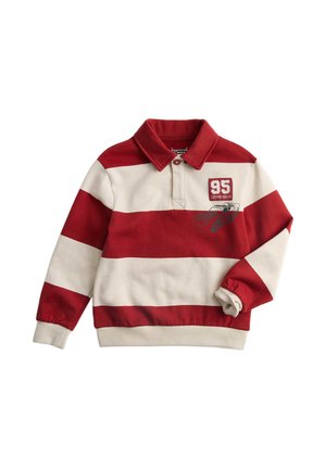 Camisa polo de manga larga a rayas rojas y beige con cuello, que presenta el texto "95 Lightning McQueen" y un gráfico de coche en el pecho.