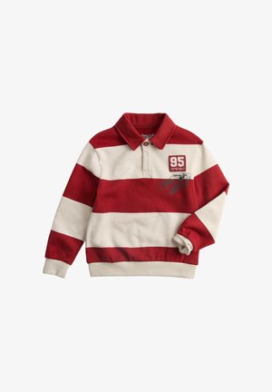 Polo a maniche lunghe a righe rosse e beige con colletto, con la scritta "95 Lightning McQueen" e un disegno di un'auto sul petto.