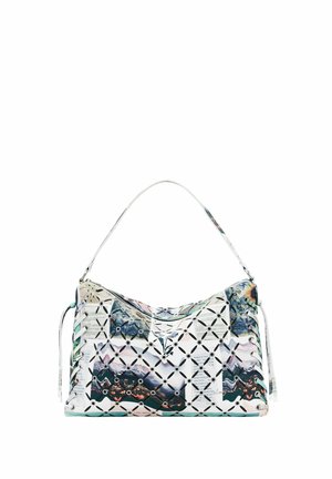 Mehrfarbige Handtasche mit geometrischem Ausschnittdesign; sie verfügt über eine gemusterte Textur und einen verstellbaren Schultergurt zum Tragen.