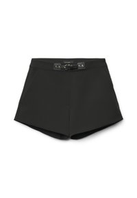 Schwarze Shorts mit einer taillierten Passform, ausgestattet mit einem strukturierten Gürtel mit goldener Schnalle, zwei Seitentaschen und einem glatten Stofffinish.