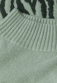 Grön tröja med ribbad halsringning och strukturerad stickning. Den övre delen har ett svart och mörkgrönt djurmönster.