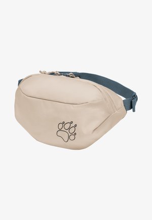 Sac banane beige avec sangle réglable bleue, double fermeture éclair et logo d'empreinte de patte noire sur la poche avant.