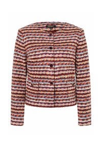 Multicolore jas met een gestreept ontwerp in tinten van rood, paars en blauw. Beschikt over een ronde halslijn, knoopsluiting en twee voorzakken.