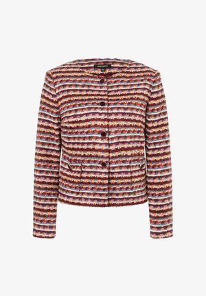 Multicolore jas met een gestreept ontwerp in tinten van rood, paars en blauw. Beschikt over een ronde halslijn, knoopsluiting en twee voorzakken.
