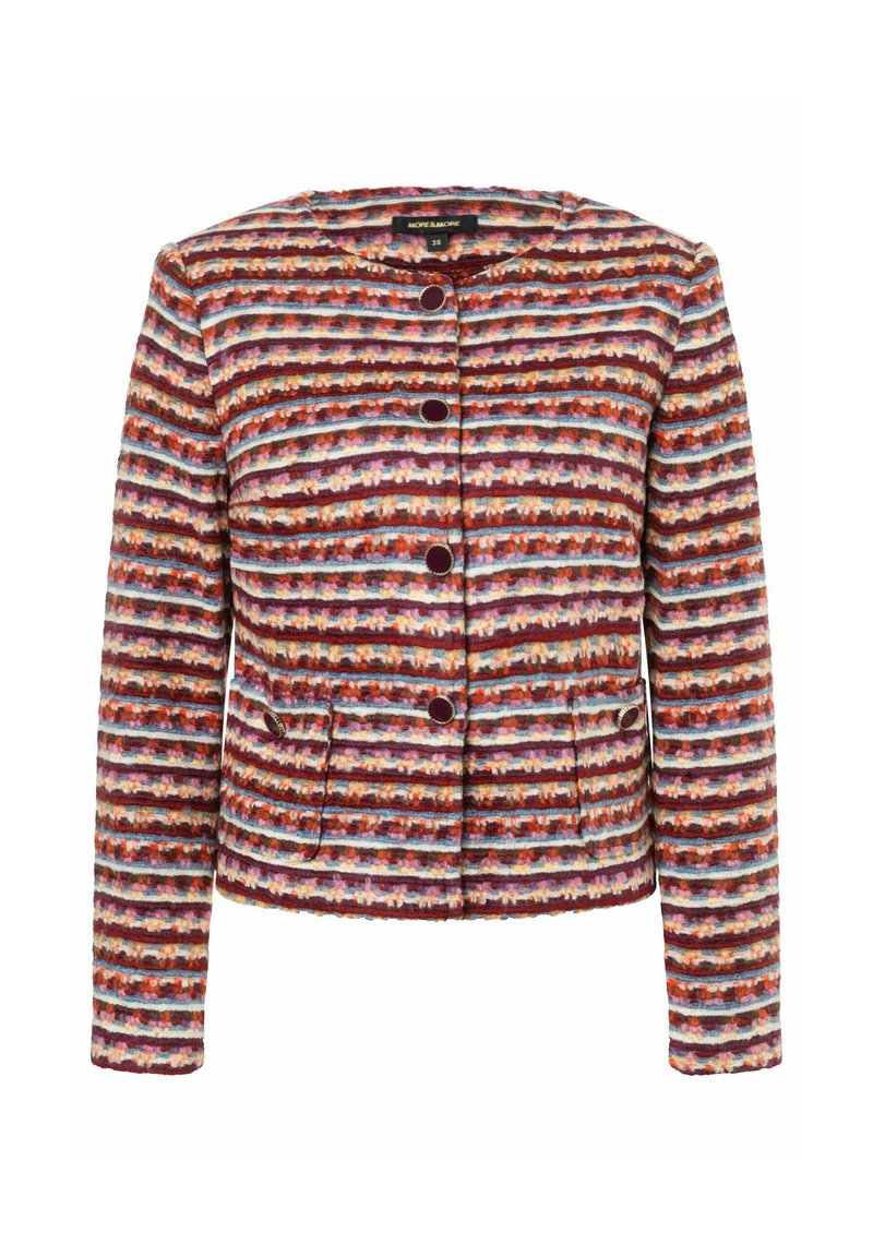 Multicolore jas met een gestreept ontwerp in tinten van rood, paars en blauw. Beschikt over een ronde halslijn, knoopsluiting en twee voorzakken.
