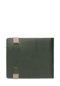 Portafoglio verde con una textura liscia e design pieghevole. Presenta accenti in tessuto beige e cuciture, con dettagli decorativi circolari.