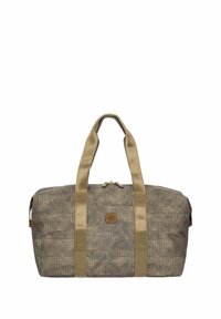Borsa da viaggio a forma di borsone in tessuto intrecciato marrone chiaro con doppi manici beige, zip dorata e un piccolo logo impresso sul davanti.
