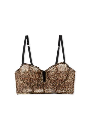 Sostén de estampado de leopardo en tela transparente. Presenta copas acolchadas, tirantes negros ajustables y un cierre frontal con una textura suave.