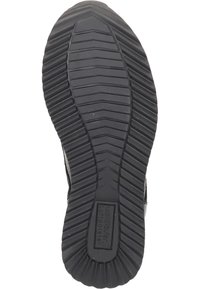 Schwarze Gummisohle mit geripptem Muster für besseren Halt, auffälliger Markenkennzeichnung und strukturiertem Oberflächenmaterial.