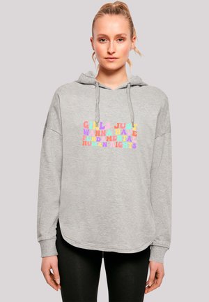 Grauer Kapuzenpullover mit entspannter Passform, der mit einem mehrfarbigen Textgrafik versehen ist. Das Material ist ein Baumwollmix und hat eine Kordelzugkapuze sowie gerippte Bündchen.