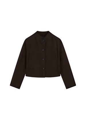 Veste cropped marron avec un col rond, cinq boutons et des manches longues, fabriquée à partir d'un tissu texturé. Design simple et moderne.
