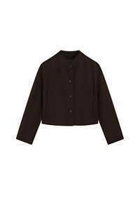 Brown cropped jacket with a round collar, five buttons, and long sleeves, made from a textured fabric. Simple, modern design.