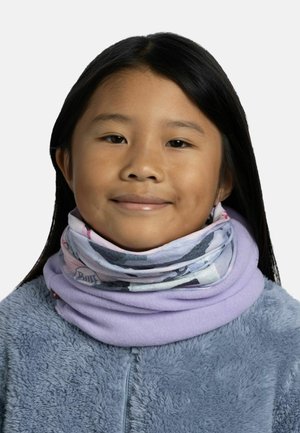 La bufanda tubular multicolor presenta una base de lavanda clara y un diseño estampado con azules y rosas. Tejido suave y elástico adecuado para mantener el calor.