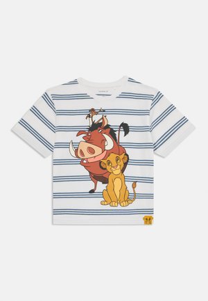 Striped white t-shirt features cartoon characters Timon, Pumbaa, and Simba. Soft fabric with blue horizontal stripes and a logo tag.