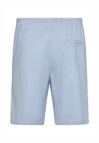 Light blue striped shorts with a relaxed fit, elastic waistband, and a rear pocket featuring a horizontal opening.