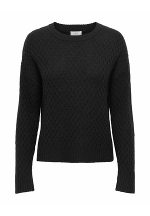 Pull en tricot noir à manches longues avec un motif de diamants texturé et des poignets et un ourlet côtelés, col ras du cou.