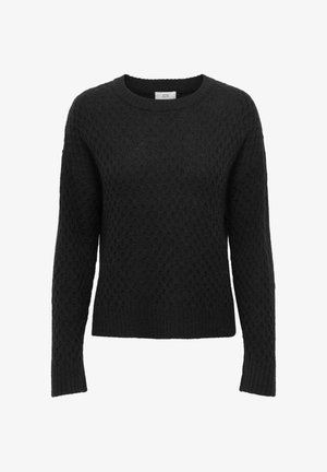 Pull en tricot noir à manches longues avec un motif de diamants texturé et des poignets et un ourlet côtelés, col ras du cou.