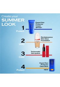 Shiseidôn kesämeikkivaiheet: SPF50+ aurinkovoide, heleyttävä meikkivoide, geelihuulipuna ja SPF50+ kirkas aurinkosuojatikk.