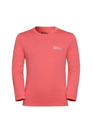 Camicia a maniche lunghe color corallo, realizzata in tessuto testurizzato. Presenta un collo a giro e un piccolo logo sulla parte superiore sinistra del petto.