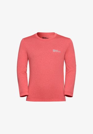 Camicia a maniche lunghe color corallo, realizzata in tessuto testurizzato. Presenta un collo a giro e un piccolo logo sulla parte superiore sinistra del petto.