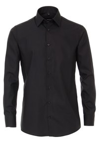 Zwart langemouw shirt van gladde stof, met een button-down kraag, knoopsluiting aan de voorkant en enkele manchetten.
