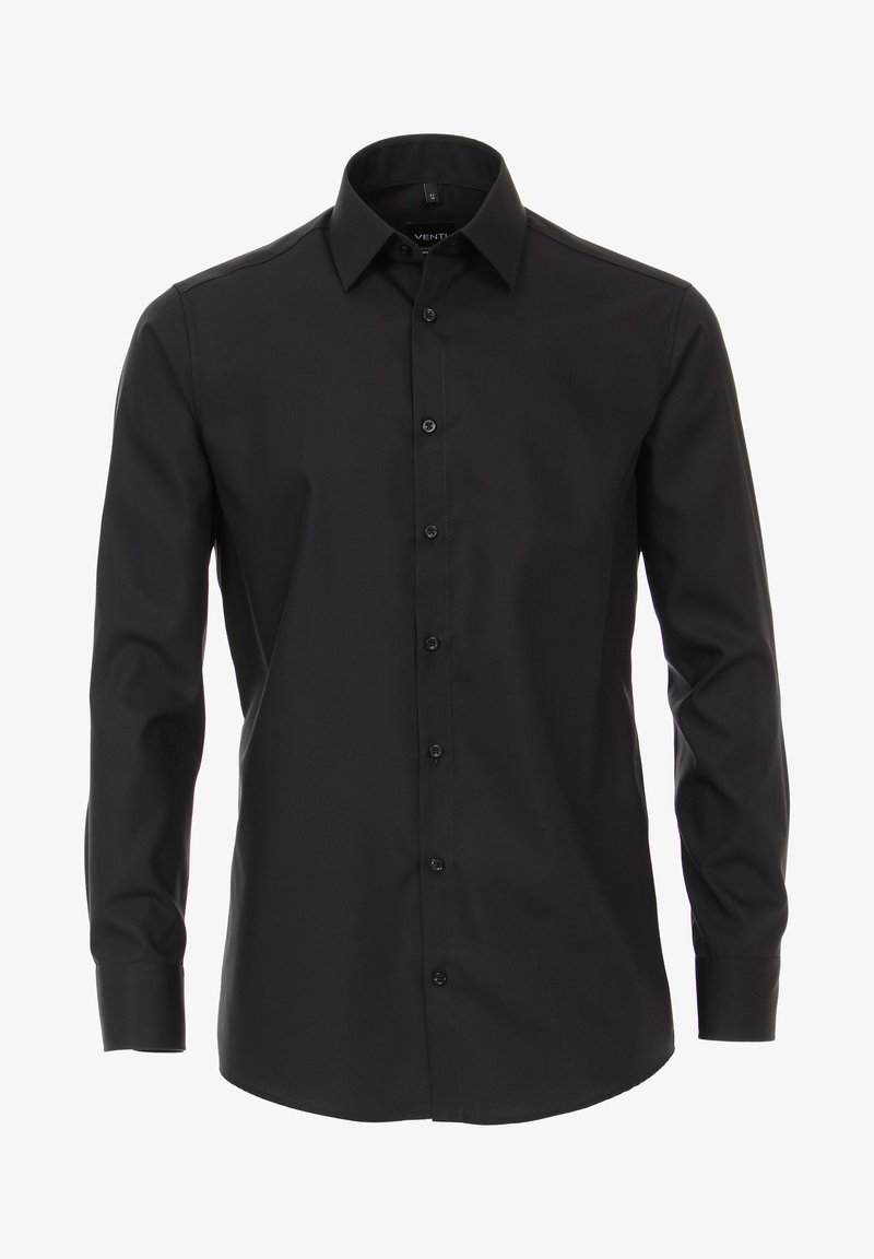 Zwart langemouw shirt van gladde stof, met een button-down kraag, knoopsluiting aan de voorkant en enkele manchetten.