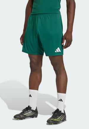 Mužský sportovec v zelených šortkách Adidas, bílých ponožkách Adidas a černých kopačkách Adidas stojí na světlém pozadí.