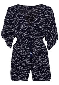 Mono corto estilo envolvente de color azul marino con un estampado floral blanco, mangas cortas y una cintura ajustable con cordón que presenta un detalle de borlas en la parte delantera.