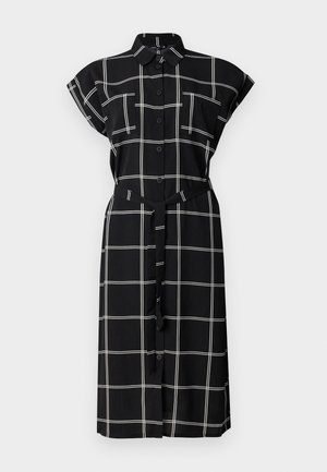 Abito nero con bottoni, motivo a griglia bianca, maniche corte arrotolate, due tasche sul petto e una cintura coordinata in vita.