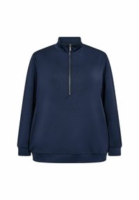 Suéter azul marino con alto cuello y cremallera de cuarto de longitud. Hecho de una tela suave, presenta mangas largas y un corte relajado.