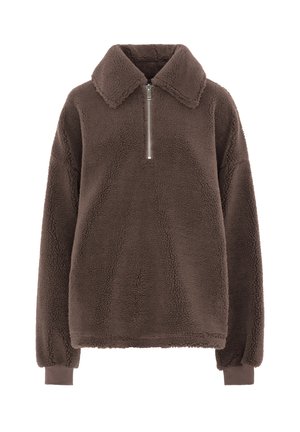 Brown fleece pullover with a zippered collar, long sleeves, and elastic cuffs. Soft, textured fabric with a relaxed fit and warm appearance.