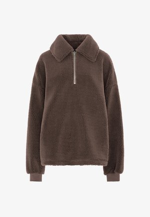 Brown fleece pullover with a zippered collar, long sleeves, and elastic cuffs. Soft, textured fabric with a relaxed fit and warm appearance.