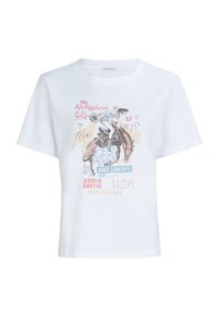 Wit katoenen T-shirt met korte mouwen, voorzien van een kleurrijke grafische print van een rodeoscène en tekst die evenementen in Austin, VS benadrukt.