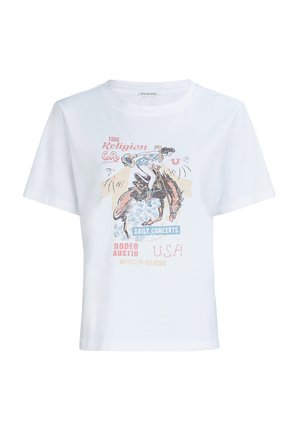 Weißes Baumwoll-T-Shirt mit kurzen Ärmeln, mit einem bunten Grafikdruck einer Rodeo-Szene und Text, der Veranstaltungen in Austin, USA, hervorhebt.