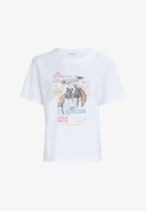 Wit katoenen T-shirt met korte mouwen, voorzien van een kleurrijke grafische print van een rodeoscène en tekst die evenementen in Austin, VS benadrukt.